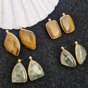 Natural Tiger Eye & Prehine Genuine Gemstone Studs Earring Gold Plated Earring Handmade Vintage Style Studs Earrings Gift For Women