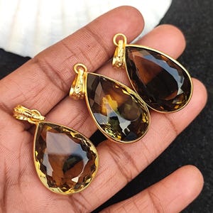 Natural Smoky Quartz Pear Shape Cutstone Genuine Gmestone Pendant Gold Plated Bezel Link Exclusive Unique Fashionable Smoky Jewelry For Her