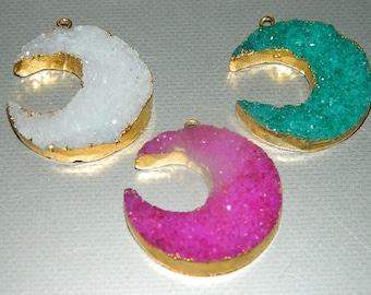 Druzy Agate Crescent Moon Pendant, 18k Gold Plated Edge