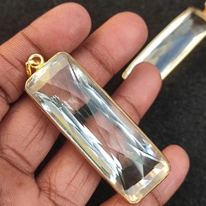 Natural Rock Crystal Bar Shape Faceted Genuine Gmestone Long Pendant Gold Plated Brass Metal Link Exclusive Unique Fashion Jewelry For Her