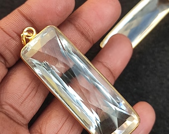 Rock Crystal Bar Pendant, Gold Plated Brass Link, Unique Jewelry