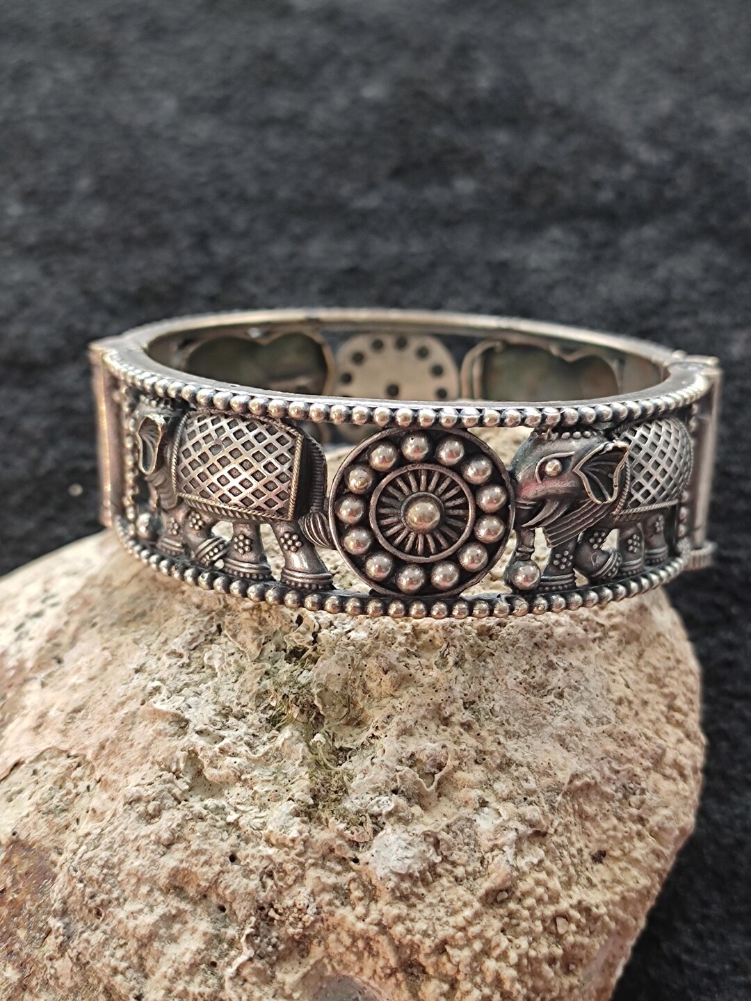 Elephant Theme Silver Oxidized Bangle Vintage Antique Look