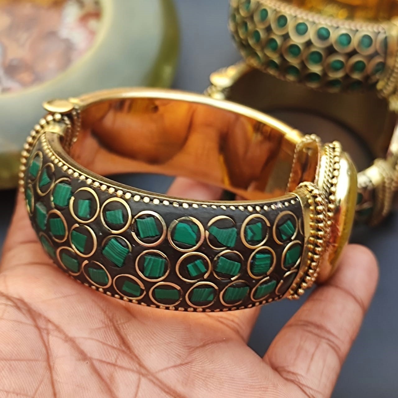 Aventurine & Agate Natural Stones Brass Bangle Bracelet