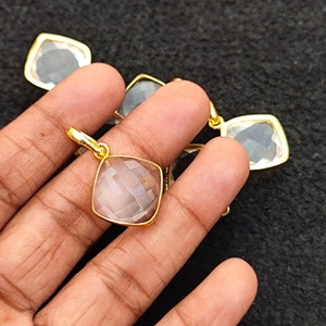 Natural Rock Crystal Faceted Cushion Gemstone Pendant Gold Plated Brass Bezel Set Vintage Style Handcrafted Designer Fashion Jewelry Sale