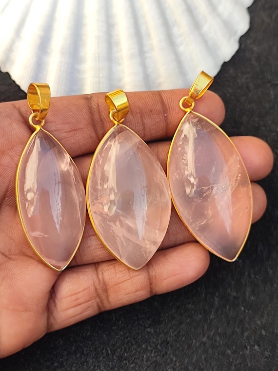 Natural Rose Quartz Marquise Huge Cabochon Gold Plated Bezel Link
