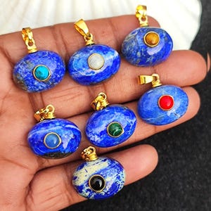 Genuine Gemstone Jewelry Pendant Natural Lapis Lazuli with Turquoise, Onyx & Tiger Eye Mix Stone For Necklace Handcrafted Beautiful Pendant