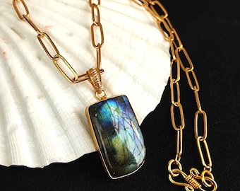 Labradorite Pendant Necklace, Gold Plated Fancy Shape Gemstone, 20" Chain