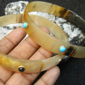 Horn Bone Jewelry Ethically Sourced Buffalo Horn Bangle Bracelets Purely Handcrafted Tiny Accent Turquoise & Black onyx Gemstone Jewelry