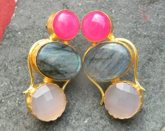 Labradorite & Chalcedony 3 Stone Earrings, Gold Electroplated