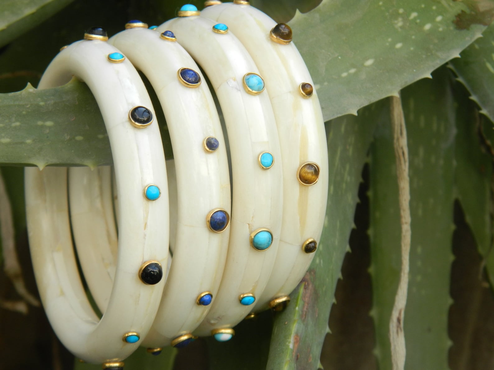 Handcrafted Bone Bangle Bracelet With Accent Gemstones - Etsy