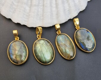 Handmade Gold Plated Labradorite Pendant, Flashy Gemstone (34-37mm)