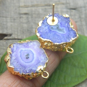 Natural Solar Druzy Slices 18k Gold Electroplated Edges Stud Ear Post DIY Jewelry Making Supplies Findings Genuine Gemstone Fashion Jewelry