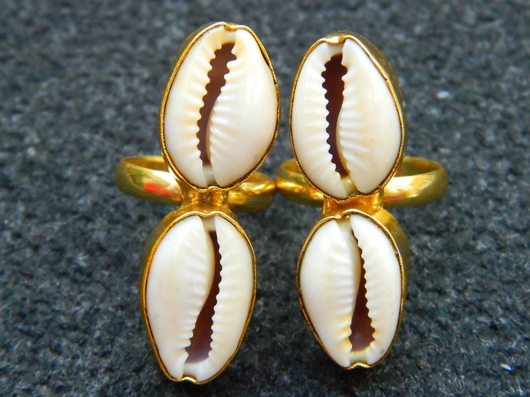 Cowries Sea Shell Ring Natural Shell Gold Plated Bezel Set Ring Handmade Fashionable Adjustable