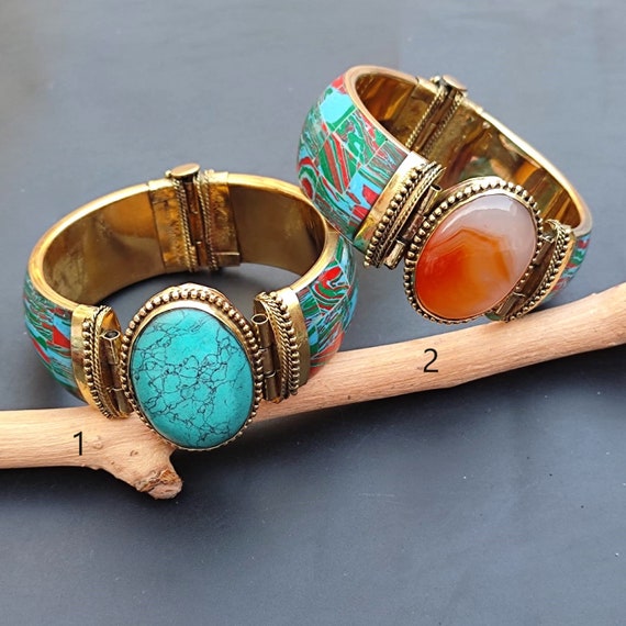 Bracelet Ethnique Vintage - Matériaux Os, Laiton Et Cabochon En Pierre Naturelle, Occasion Bon état