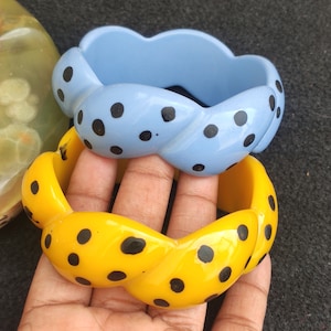 Blue & Yellow Black Spots Resin Bangle Bracelet Purely Handcrafted Exclusive Retro Wide Bangles Trendy Unique Fashionable Bracelet for Women