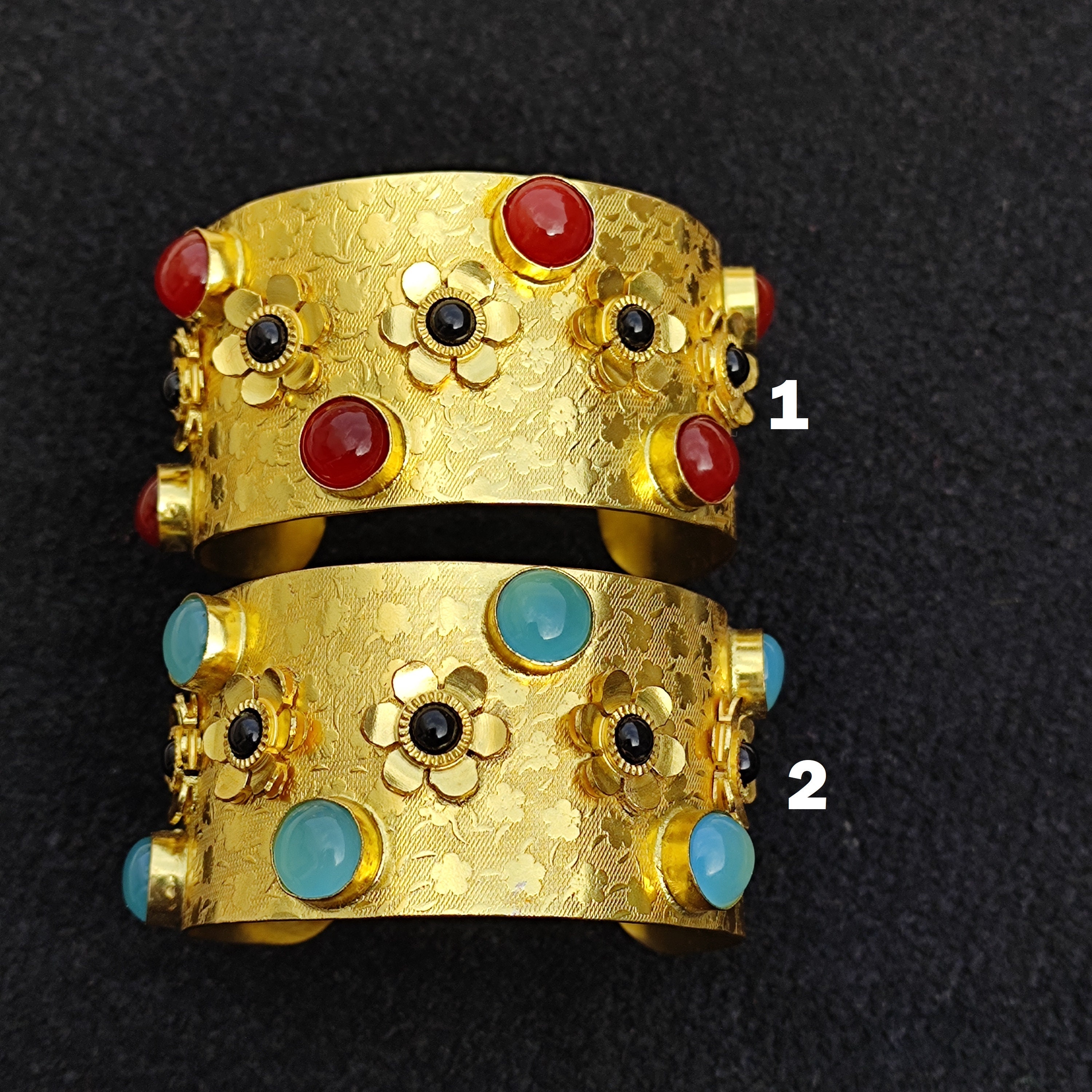 ブレスレット Blue Floral Stone Cuff Bracelet Blue Quartz Silver Floral Bangle Cuff Bracelet, 925 Sterling