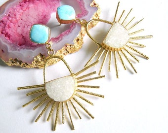Sun Burst Earring Druzy Sun Turquoise and Smoky Quartz Stud Earrings Natural Gemstone Earrings Bohemian Gold Electroplated Beautiful Gift