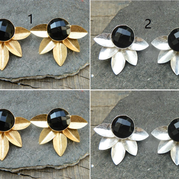 Black onyx  earring  Stud earring  Brass flower Stud earring Nickel-free  Mat Polish jewelry  Beautiful Bridal earring  Charm earring