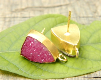 Gold Plated Natural Druzy Stud Earrings, Gemstone Jewelry