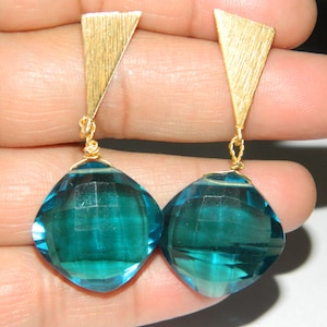 Teal Green & London Blue Color Synthetic Stones Faceted Cushion Shape Briollete Gold Plated Brass Studs Earrings Handmade Vintage Style Gift