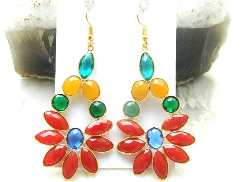 Multi Color Synthetic Stones Faceted Marquise & Oval Shape Briollete Earrings Handcrafted Unique Designer Antique Style Jewelry Gift Sale zdjęcie 9