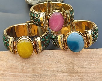 Aventurine & Agate Natural Stones Brass Bangle Bracelet