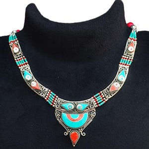 Tibetan Silver Necklace Turquoise & Synthetic Coral Beaded Necklace Handmade Vintage Style Nepali Necklace Tribal Ethnic Classic Jewelry