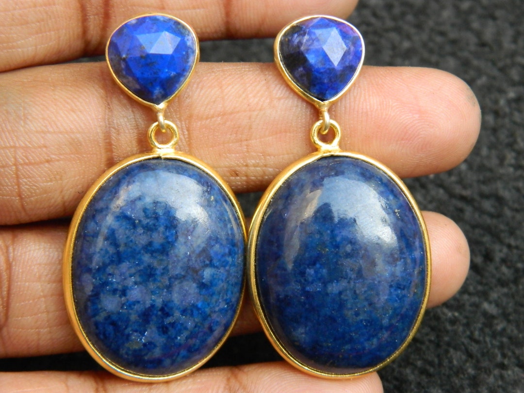 Boucles D'oreilles Longues Chandelier – Doré Antique, Lapis Lazuli Et CZ Bleu, Style Goutte, Neuf