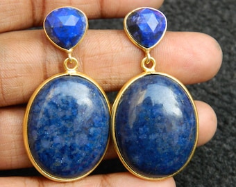 Natural Lapis lazuli Huge Oval Chandelier Dangle Earring Genuine Gemstone Jewelry Gold Plated Handmade Fashion Jewelry Unique Vintage Style