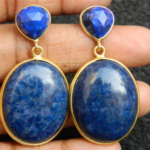 Natural Lapis lazuli Huge Oval Chandelier Dangle Earring Genuine Gemstone Jewelry Gold Plated Handmade Fashion Jewelry Unique Vintage Style