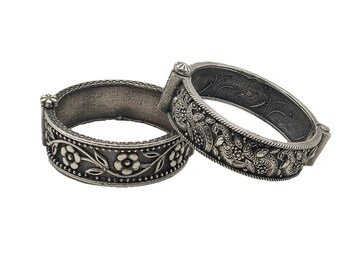 Handcrafted Oxidized Silver Bangle Bracelet, Flower & Peacock Kada
