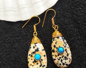 Dalmatian Jasper Pear Drop Earrings with Turquoise, Gold Wire Art