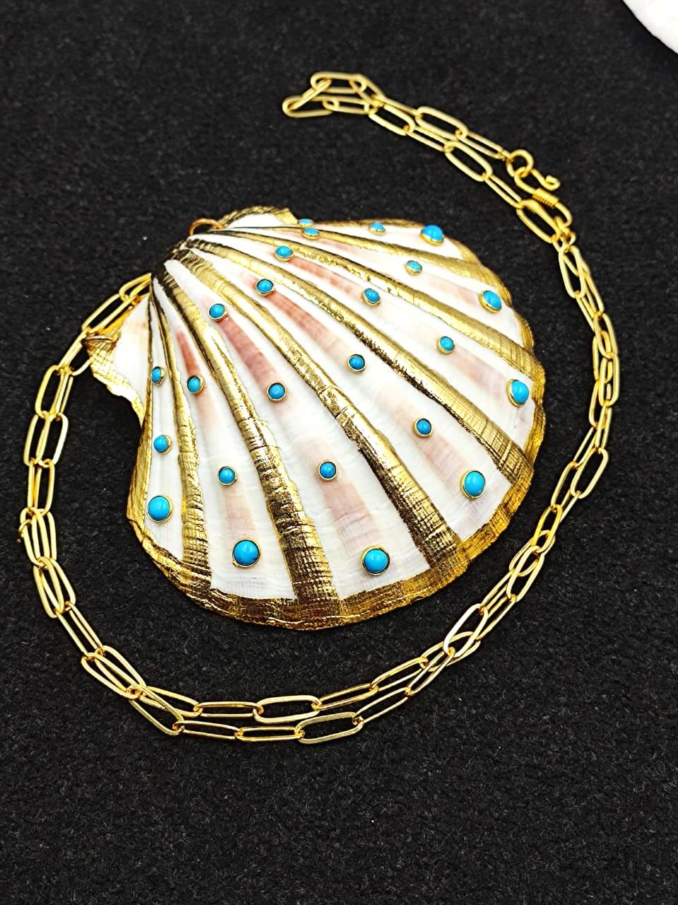 Real scallop seashell 18k Gold Fill Electroplated Necklace Pendant With Turquoise Gemstone Irish Baking Scallop Shell Pecten Genuine Jewelry