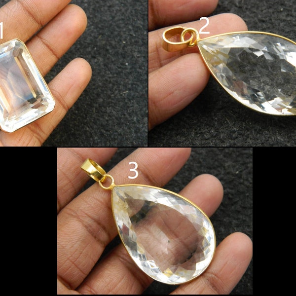 Natural Rock Crystal Pendant  Gold Plated Brass Setting Jewelry Charm Pendant Beautiful Exclusive Unique Designer Jewelry Supplies Component