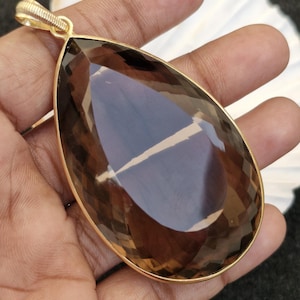 Natural Smoky Quartz Huge Pear Shape Cutstone Genuine Gmestone Pendant Gold Plated Bezel Link Exclusive Unique Fashion Jewelry For Her