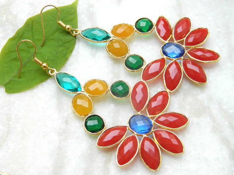 Multi Color Synthetic Stones Faceted Marquise & Oval Shape Briollete Earrings Handcrafted Unique Designer Antique Style Jewelry Gift Sale zdjęcie 10