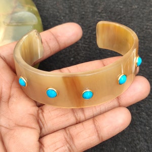 Horn Bone Jewelry Ethically Sourced Buffalo Horn Bangle with Gold Plated Brass Set Tiny Accent Stones Turquoise   Gemstone jewelry