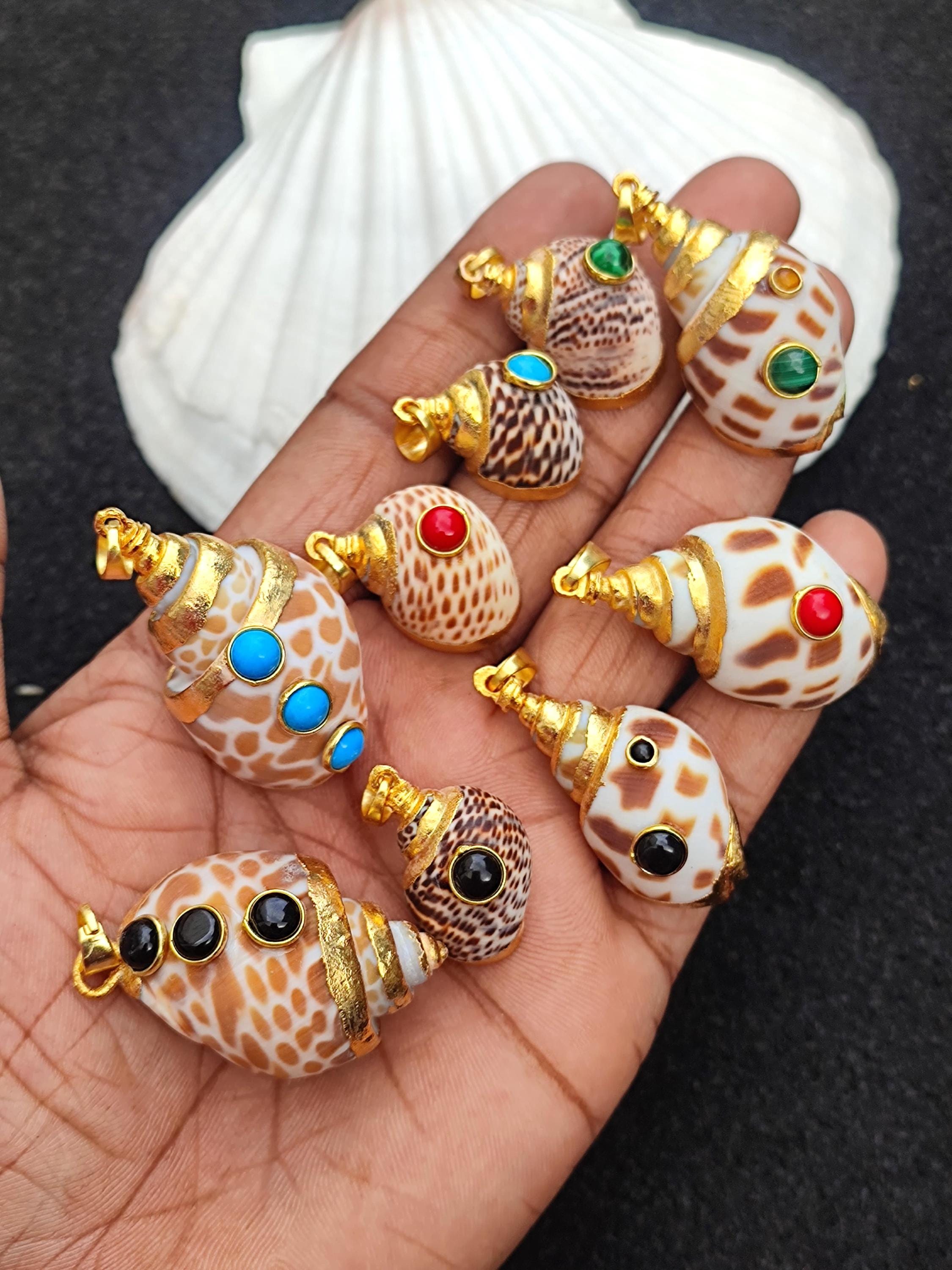 Natural Shell 18k Gold Fill Electroplated Pendant With Multi Gemstone Conch Seahells Charm Pendant Ocean Shell Beach Jewelry Gifts For Her