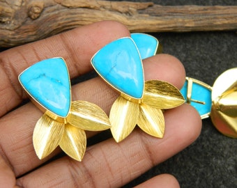 Howlite Turquoise Unique Trillion Shape Stud Earring with Gold Plated Brass Designer Leaf Beautiful Bridal Handmade Gemstone Fashion Jewelry