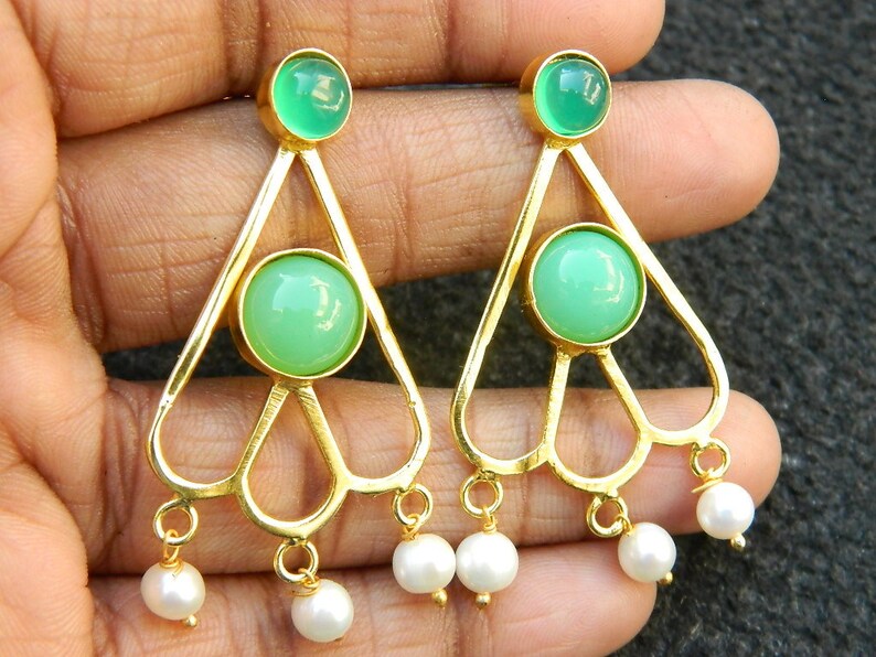 Stud earring Turquoise Charysoprse Natural White rainbow and pearl stud earring Gold plated earring Gemstone Earring Designer Gift for Women