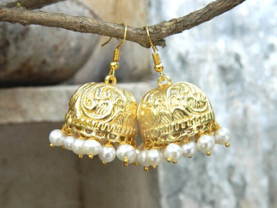 Indian Traditional Vintage Styel Gold Plated Brass Jhumka Jhumki Earrings With Pearl Beads Stud Earring Handcrafted Designer Fashion Jewelry Etsy UK