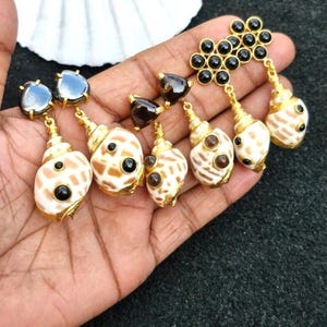 18k Gold Fill Electroplated Natural Seashell Earring With Onyx & Smoky Gemstone Charm Real Conch Shell Handmade Exclusive Lovely Earring