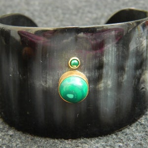 Horn Bone Jewelry Ethically Sourced Buffalo Horn cuff Bangle with Gold Plated Brass Set Tiny Accent Stones Malachite Gemstone jewelry