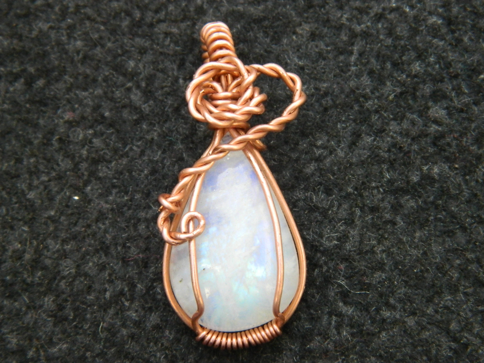 Natural White Rainbow Moon Stone Copper Wire Wrapped Pendant