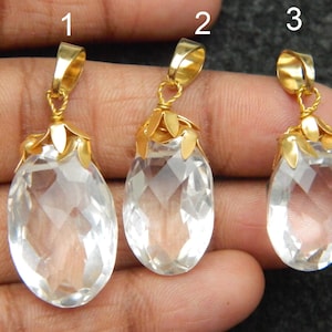 Natural crystal quartz pendant gold plated brass pendant handmade oval shape faceted stone pendant stylish jewelry gift for her