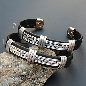 Pulsera magnética de cuero bañada en plata - Estilo vintage