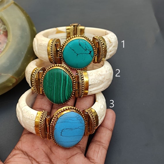 Carved Buffalo Bone Bangle Bracelet With Turquoise & Malachite - Etsy