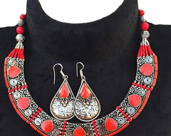 Tibetan Silver Necklace Earring Set, Vintage Nepali Coral Jewelry