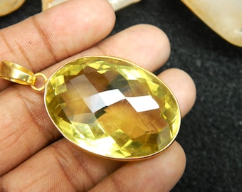 Handcrafted Lemon Quartz Oval Pendant, Gold Plated Vintage Style