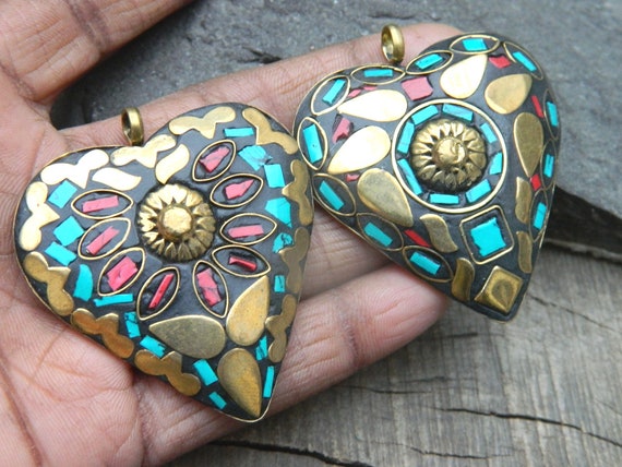 PN050 Nepal Tibetan Brass Turquoise Coral Women Pendant Necklace Jewelry Making 